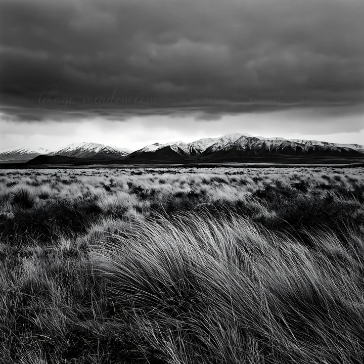 A meadow stretches in the foreground with tall grass, while a range of snowy alps rises in the background. The sky is filled with dark clouds, creating a dramat
