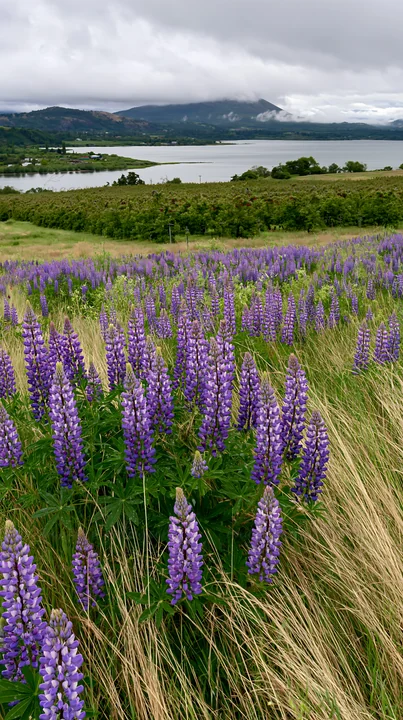 Lupine flowers grow in a meadow next to a lake, surrounded by orchards. The sky is partly cloudy, and a tranquil landscape stretches out in the distance.