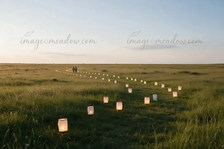 A field features a winding path lit by lanterns. Two people walk along the path as the sun sets. The landscape is open with tall grass, creating a warm atmosphe