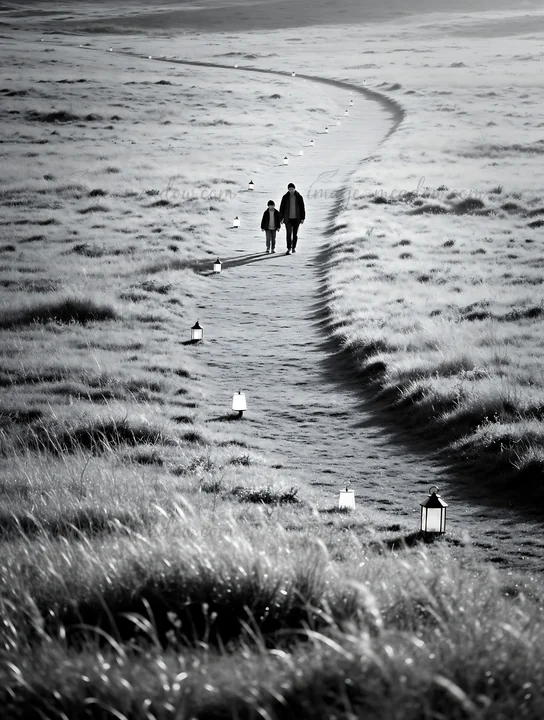 Two people walk on a path in a grassy meadow. Lanterns are placed along the trail, guiding their way. The scene is captured in a black and white tone, creating