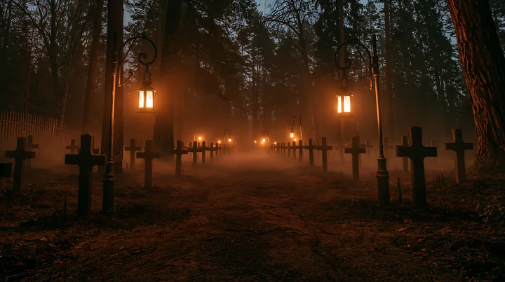 Lanterns light up military graves beside a forest at night, creating a somber atmosphere.