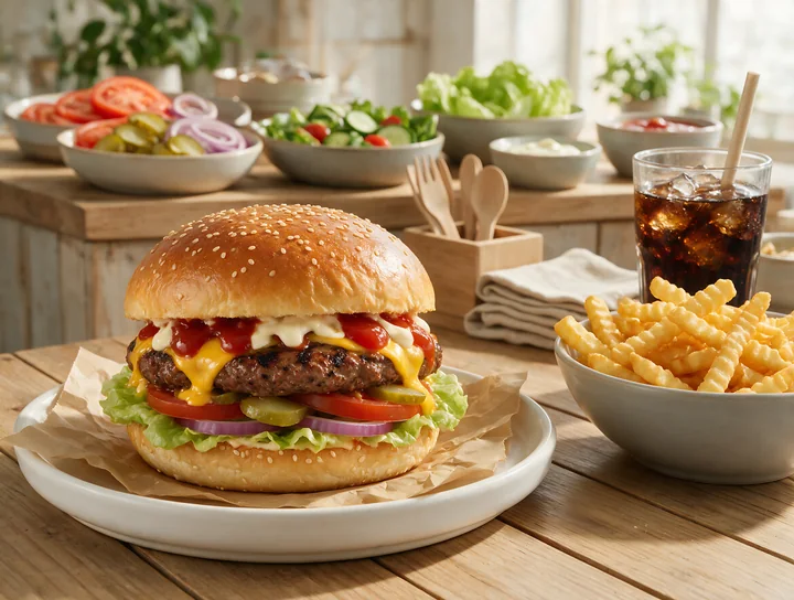 Large cheeseburger with fries, toppings, condiments, and soda arranged as a burger buffet setup on a wooden table.