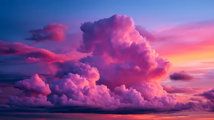 Large clouds gather in the sky during sunset, showcasing shades of pink and purple against a backdrop of twilight.