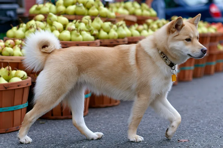 Leashed cream-colored dog walks past pear crates at an outdoor farmers market.