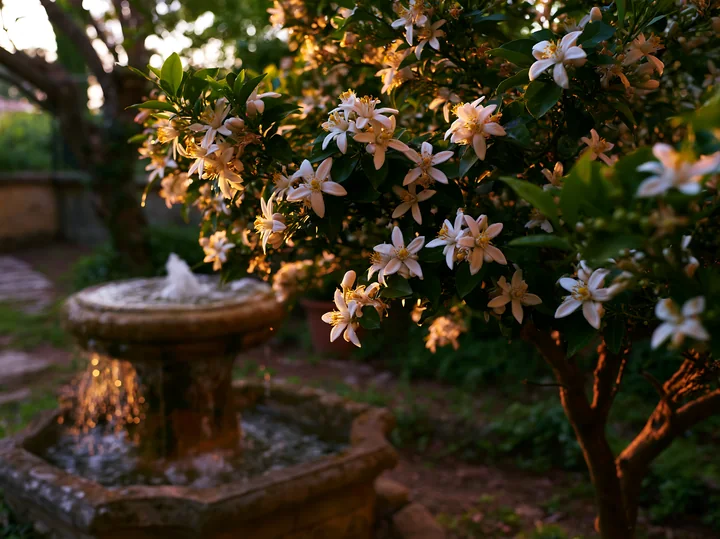 Lemon tree blossoms in sunlight brighten a garden setting, with a stone fountain nearby.