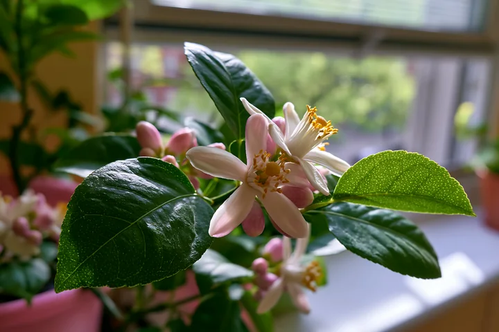 Lemon tree blossoms in sunlight show delicate pink flowers amid green leaves.