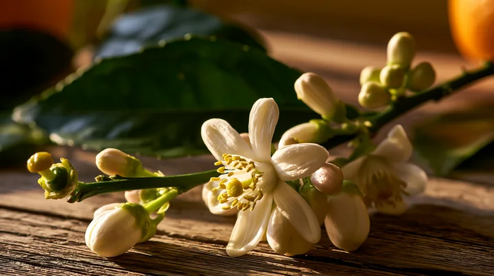 Lemon tree blossoms in sunlight show delicate white flowers on a green branch.