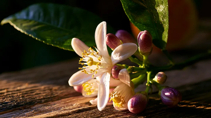 Lemon tree blossoms in sunlight show white petals and yellow stamens.