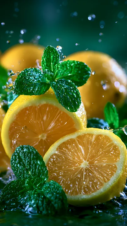 Lemons are cut in half and surrounded by fresh mint leaves while water splashes around them, creating a vibrant, refreshing scene.