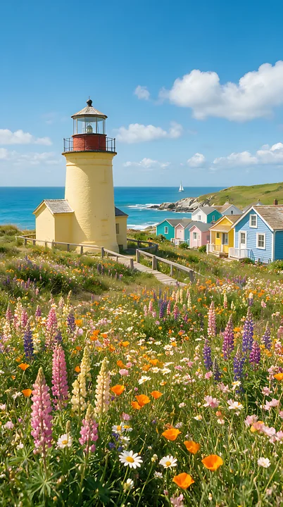 Lighthouse beside colorful beach cottages overlooking the ocean, rocky coast, sailboat, and a field of wildflowers.
