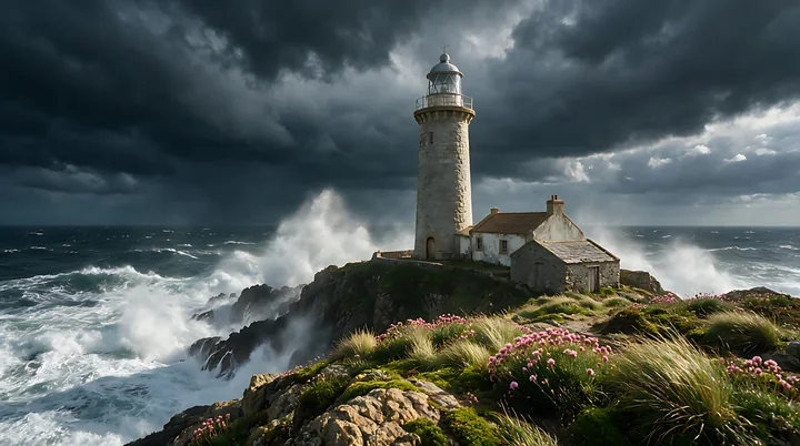 Lighthouse overlooking crashing waves on a rocky coast beneath dark storm clouds and flowering grass.