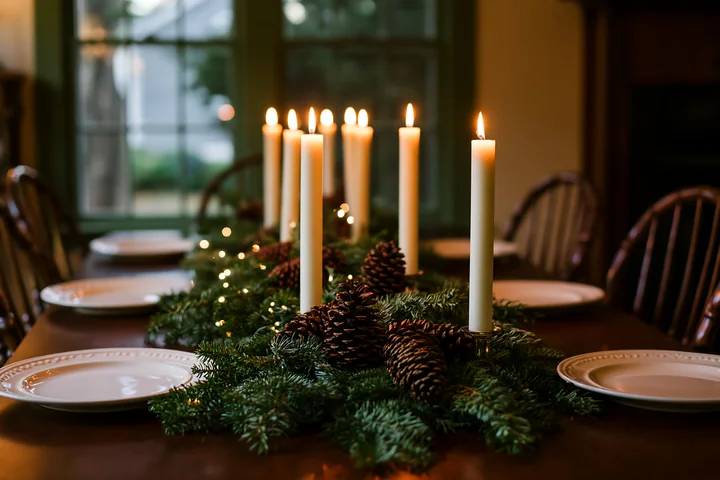 Lit candles, evergreen branches, and pine cones form a Christmas centerpiece on a dining table with open space around it.