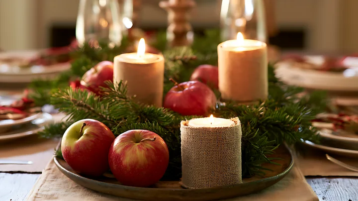 Lit candles, red apples, and evergreen branches form a Christmas centerpiece on a dining table.