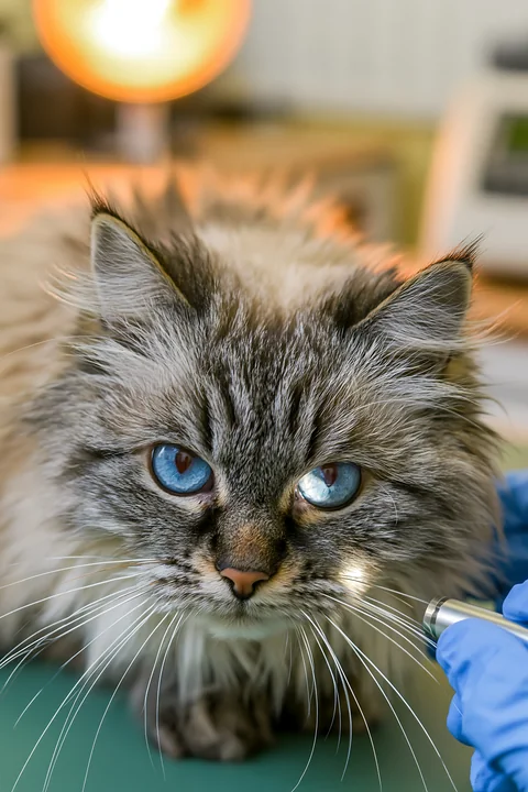 Long-haired blue-eyed cat receives a veterinary examination in a clinic.
