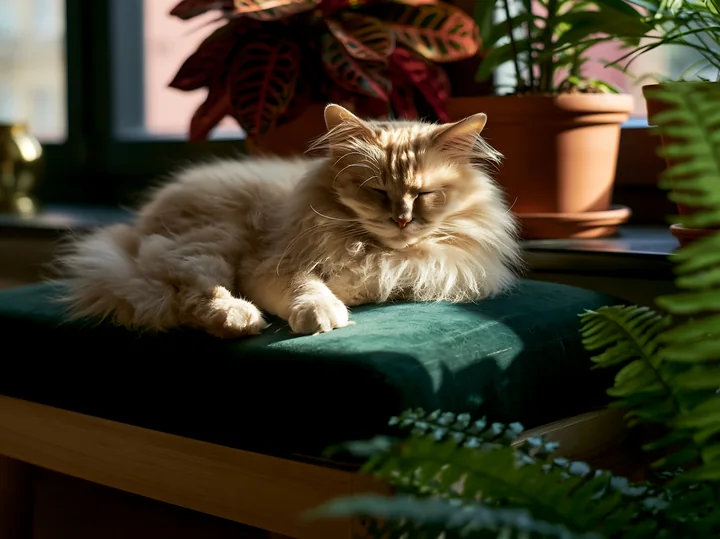 Long-haired cat sleeps on a cushion at home, surrounded by potted plants and warm sunlight.
