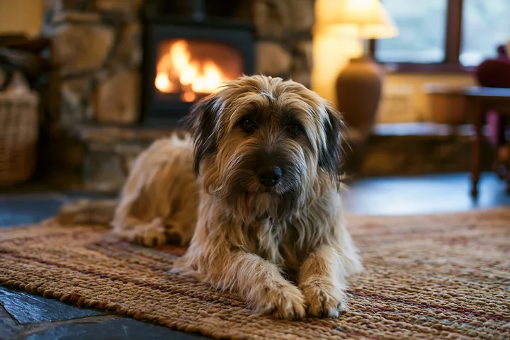 Long-haired dog lies on a woven rug in front of a glowing fireplace in a warm living room.