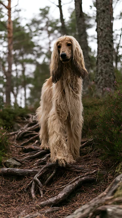 Long-haired dog standing among exposed roots and pine trees in a forest