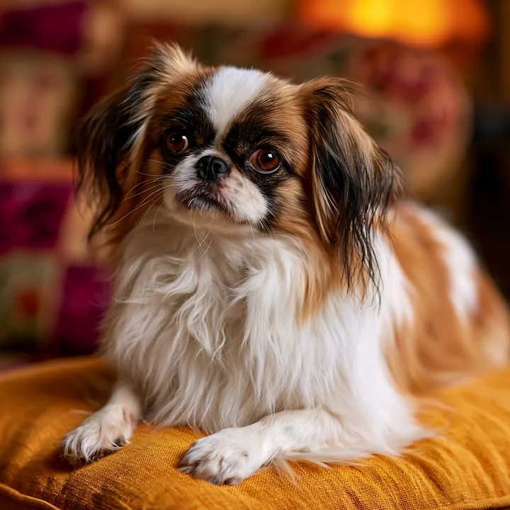 Long-haired small dog resting on a warm cushion in a softly blurred studio portrait.