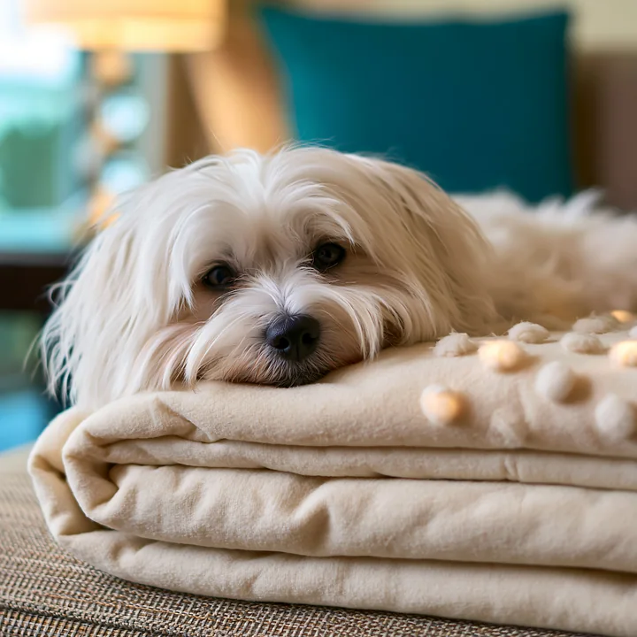 Long-haired white dog resting its head on folded cream bedding in a cozy hotel room.