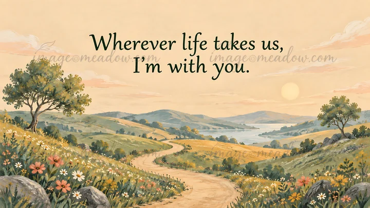 The message “Wherever life takes us, I’m with you.” appears above a winding path through flower-filled hills toward a lake, beneath a warm sunset sky.