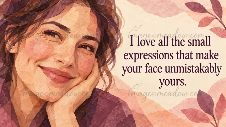 The text reads, “I love all the small expressions that make your face unmistakably yours.” A smiling woman’s close-up portrait in a textured, layered paper styl