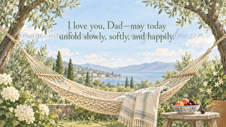 A greeting illustration reads, “I love you, Dad—may today unfold slowly, softly, and happily,” above a hammock in a flowering garden overlooking a coastal villa