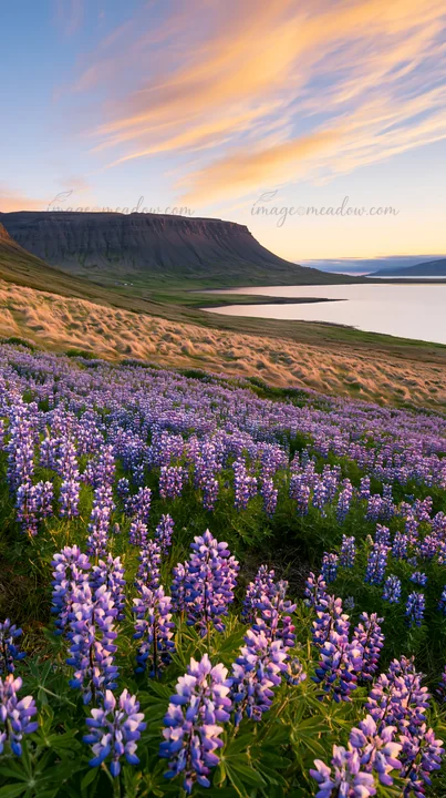 A field of lupins blooms in the foreground with a lake and mountains in the background. The scene is lit by the warm colors of the sunset sky.