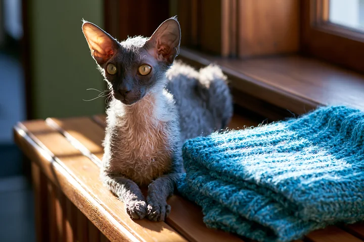 Lykoi cat sitting on a wooden bench beside a blue knitted blanket in warm window light.