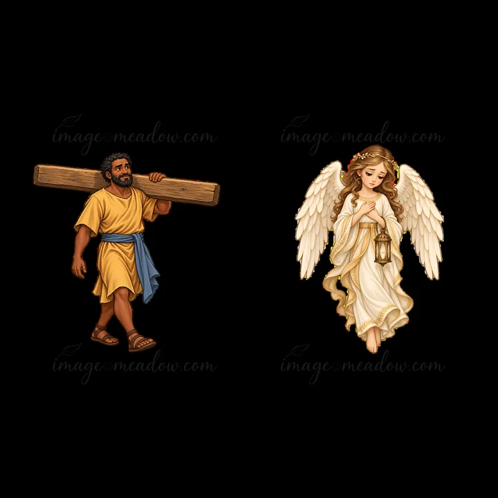 A man in a yellow robe carries a wooden cross on his shoulder. An angel with wings holds a lantern, appearing to guide him. Both characters are in a simple cart