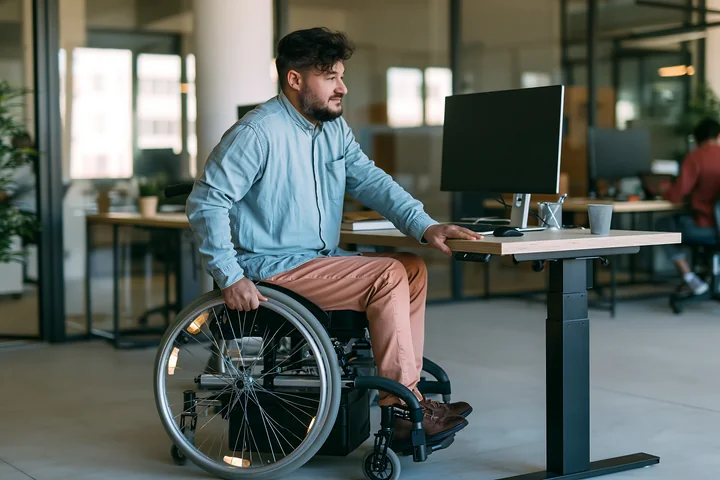 Man using a wheelchair works at an adjustable desk in a modern open-plan office.