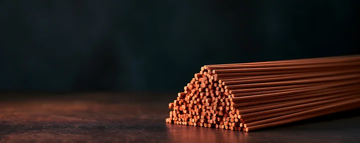 Many copper rods are arranged in a pyramid shape on a dark background.