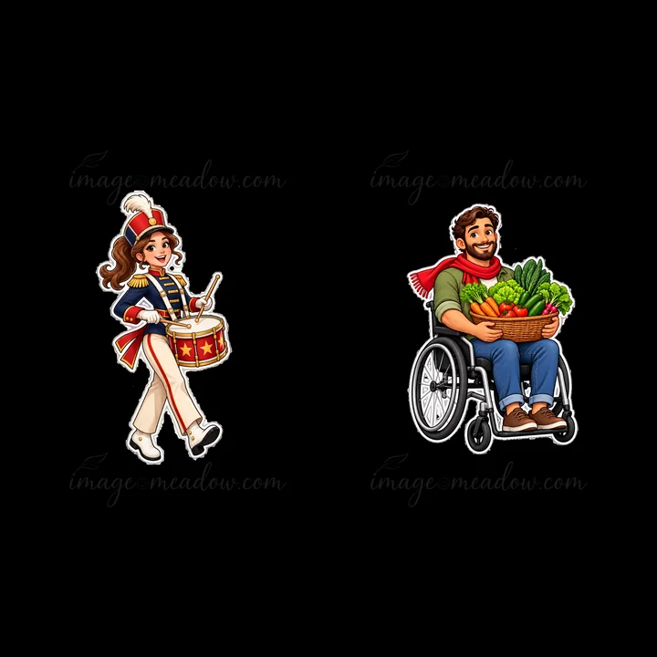 A girl in a red and white marching band outfit plays a drum while walking. Next to her, a man in a wheelchair smiles as he holds a basket filled with fresh vege