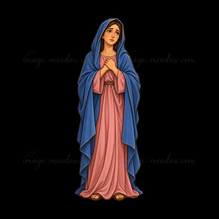 Mary stands with a sad expression, hands clasped in prayer. She wears a flowing pink dress and a blue cloak that drapes down around her. This illustration captu