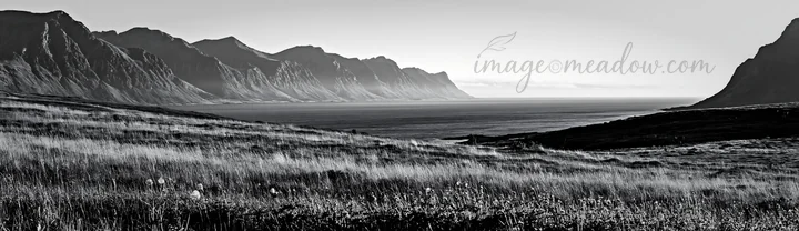 A vast meadow extends under crags, leading to a coastline and ocean. The sunlight highlights the landscape, creating shadows on the grass. Presented as a premiu