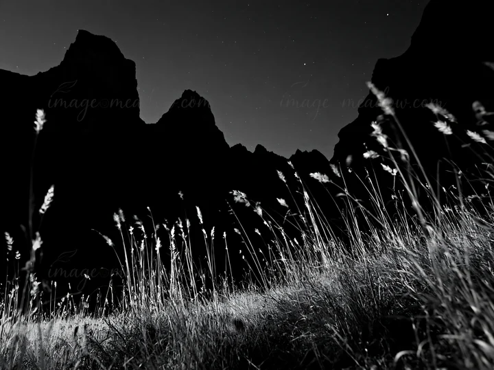 Grass grows in a meadow at the base of crags under a night sky. The scene shows tall blades of grass swaying gently. The craggy mountains rise sharply against t