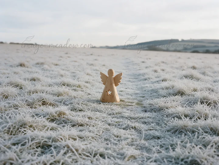 A wooden angel figure stands in a frosty meadow. The ground is covered with frost, and the background shows hills under a cloudy sky. The scene captures a quiet