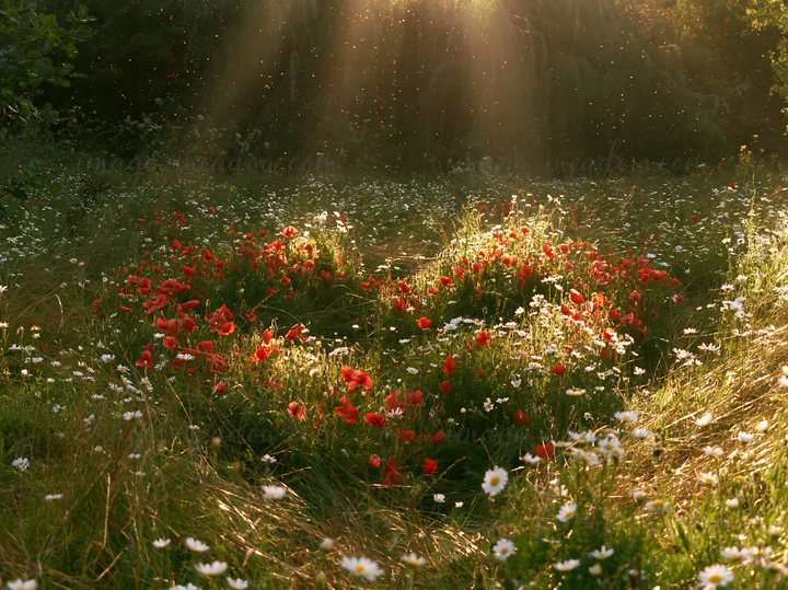 A meadow is filled with various flowers, including red and white blooms. Christmas lights are scattered among the flowers. Sunbeams filter through clouds, illum