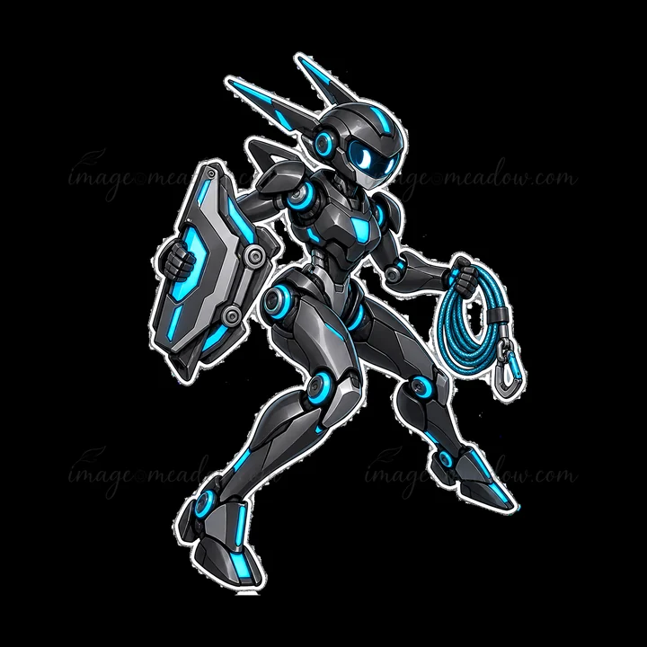 A mech robot character stands in a dynamic pose, holding a shield in one hand and a rope in the other. The design features black and blue colors, indicating a f