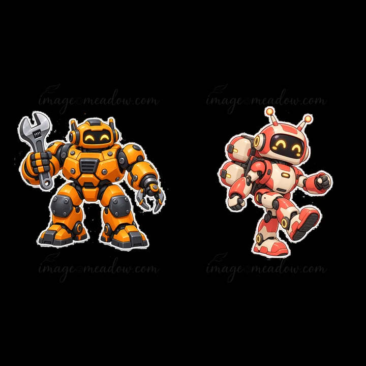 Two distinct mech robots are featured in the illustration. One is orange and black, holding a wrench, while the other is red and cream, with a cheerful expressi