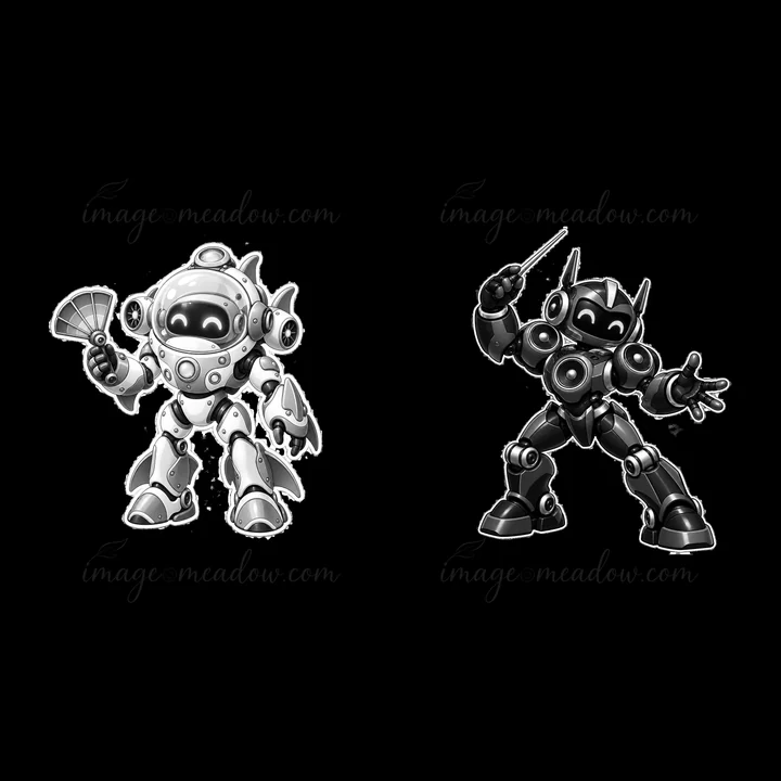 Two mech robots are featured. One robot holds a fan while the other is in a signaling pose. The design is monochrome and showcases distinctive features and acti