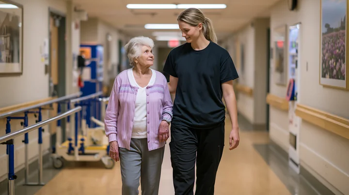 Medical professional measuring elderly patient's gait in a hospital hallway.