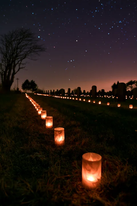 Memorial candles lining military graves under stars create a somber atmosphere in the cemetery.