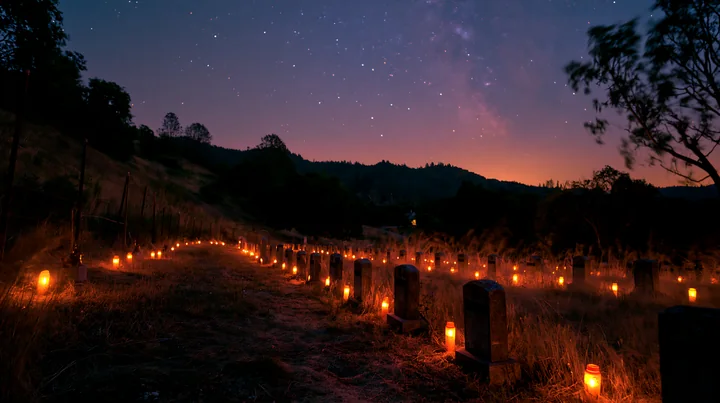 Memorial candles lining military graves under stars illuminate the night.
