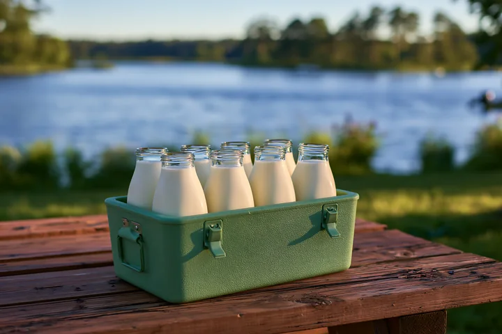 Milk bottles in an insulated delivery box sit on a wooden table by a lake.
