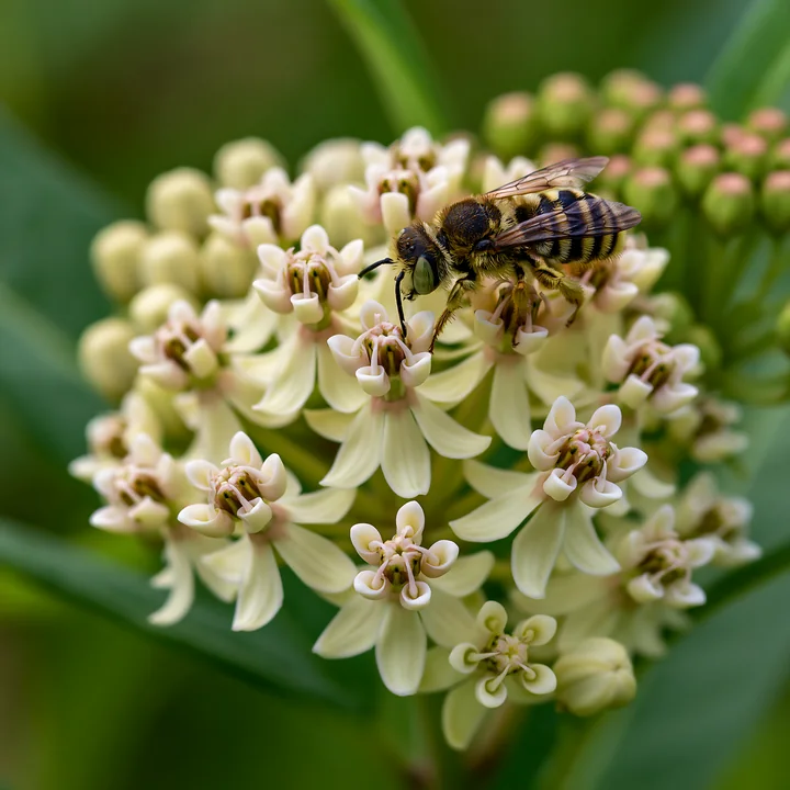 Milkweed flowers with bees show the busy pollination activity happening in a garden.