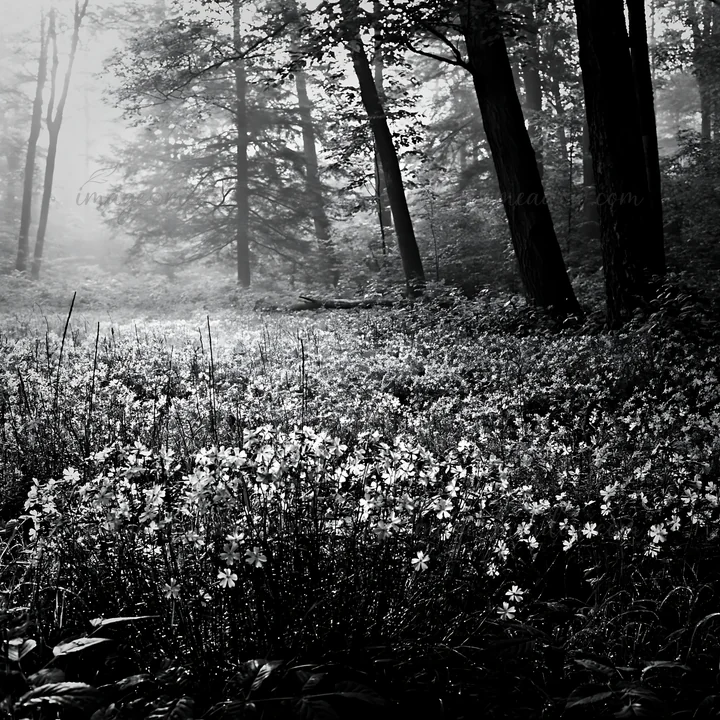 A meadow filled with purple flowers is surrounded by trees in a misty forest. The soft light filters through the foliage, creating a gentle atmosphere. Presente