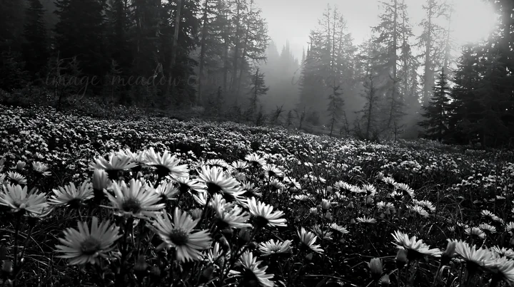 A meadow filled with purple flowers is surrounded by a misty forest. Sunlight breaks through the trees in the early morning, creating a soft glow in the scene.