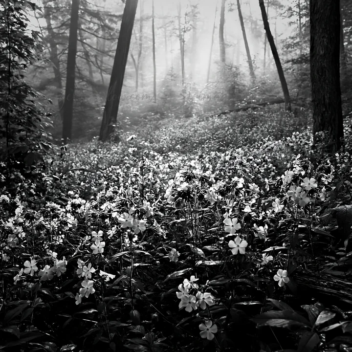 A meadow in a forest features numerous blooming flowers surrounded by trees. Sunlight filters through the mist, creating a soft atmosphere in the morning light.