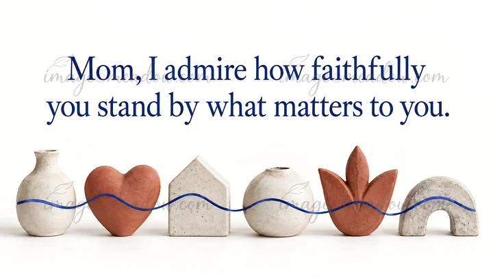A white greeting illustration reads, “Mom, I admire how faithfully you stand by what matters to you.” Below, a blue wavy line crosses a row of sculptural forms,