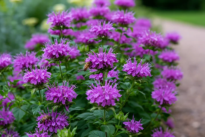 Monarda flowers with pollinators thrive in a garden setting, showcasing vibrant purple blooms while bees collect nectar, creating a lively scene in the summer.